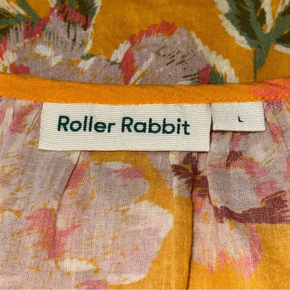 Roller Rabbit Women’s Size L Yellow Floral V-Neck Peasant Blouse Top Shirt - Picture 4 of 7